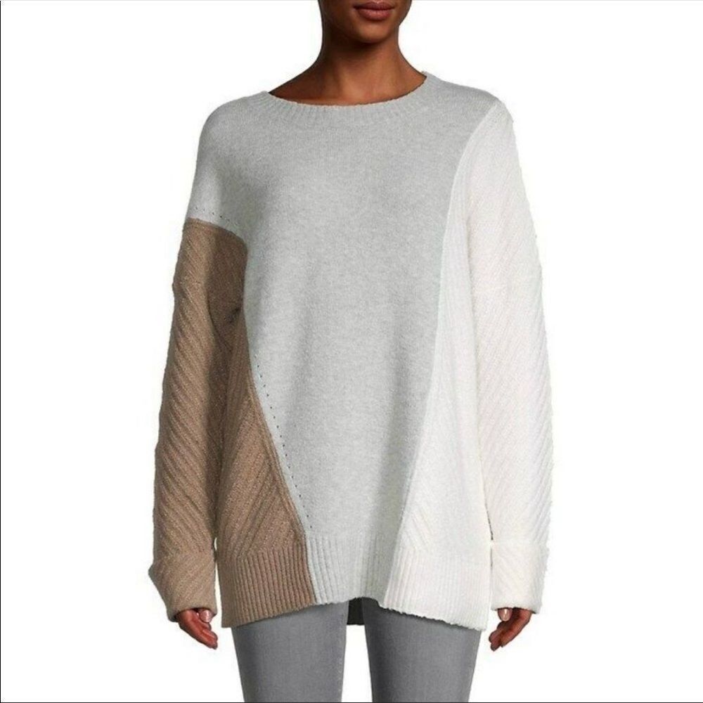 French Connection Oversized Wool Colorblock Sweater Crewneck in Ivory Grey Brown